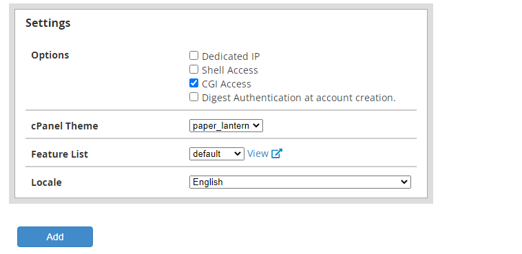 Add a hosting package in WHM - Settings