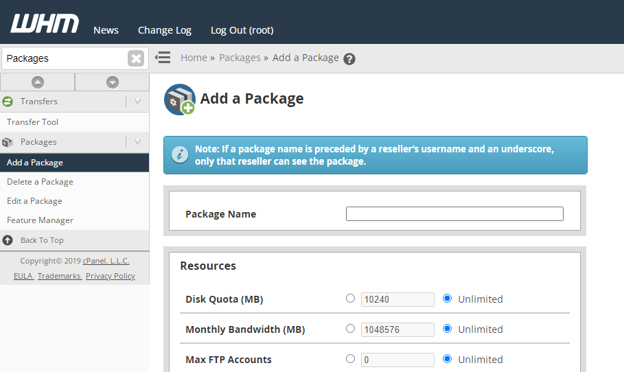 Add a package in WHM - package name