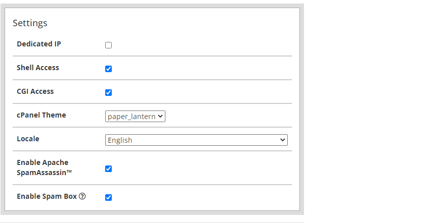 create cpanel account - Settings section