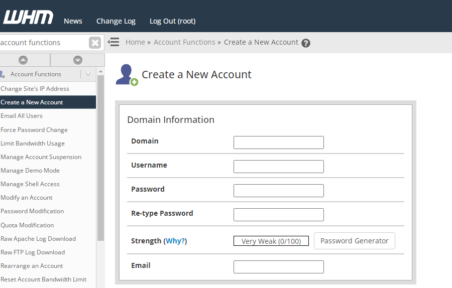 create cPanel account - domain information section