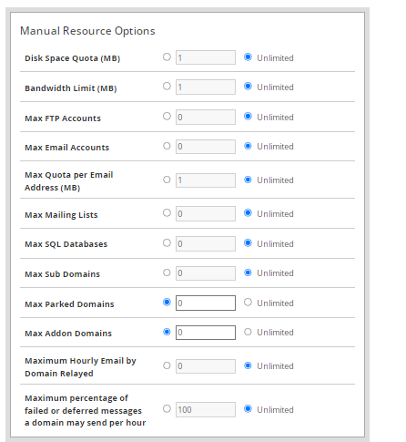 create cpanel account - manual resource options