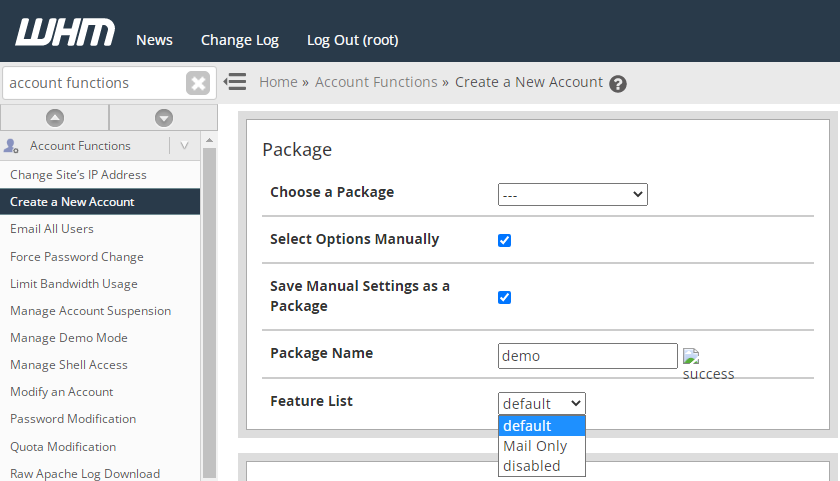 create cpanel account - packages section