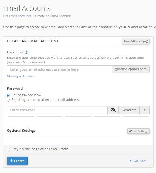 create email account in cPanel - settings